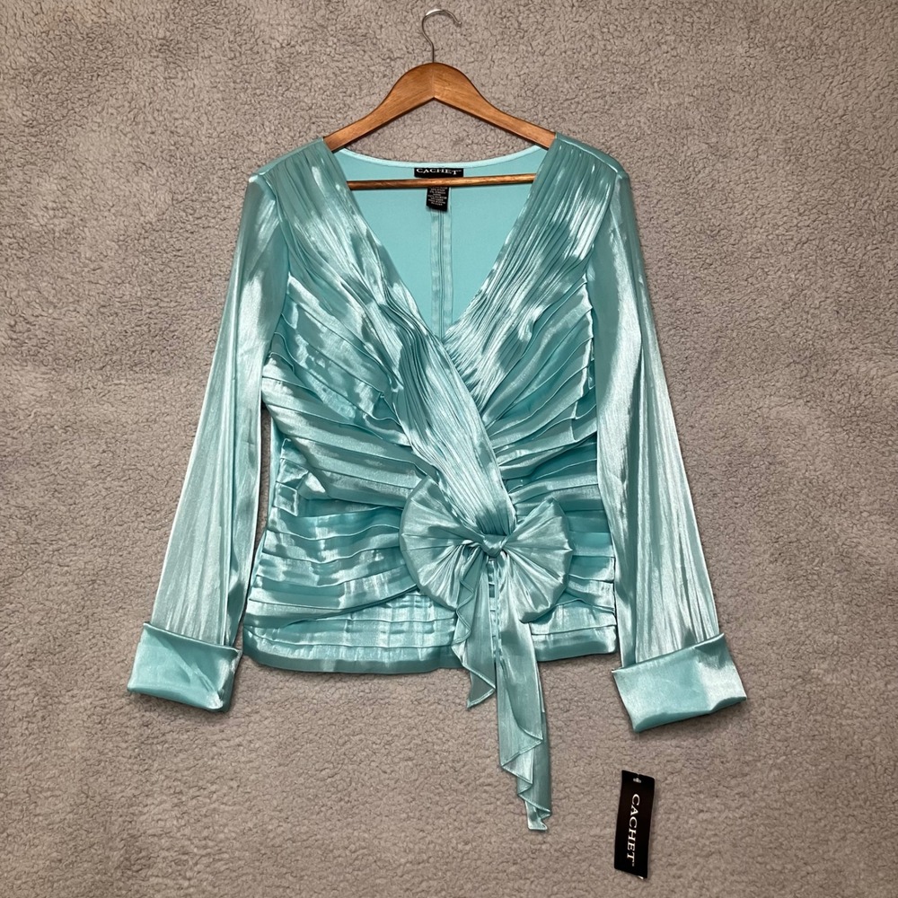 $148 NWT Y2K Cachet Satin Bow Wrap Blouse Women 12 Shiny Aqua Blue 00's Glam VTG